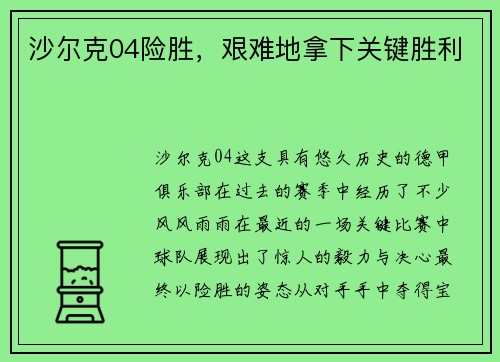 沙尔克04险胜，艰难地拿下关键胜利